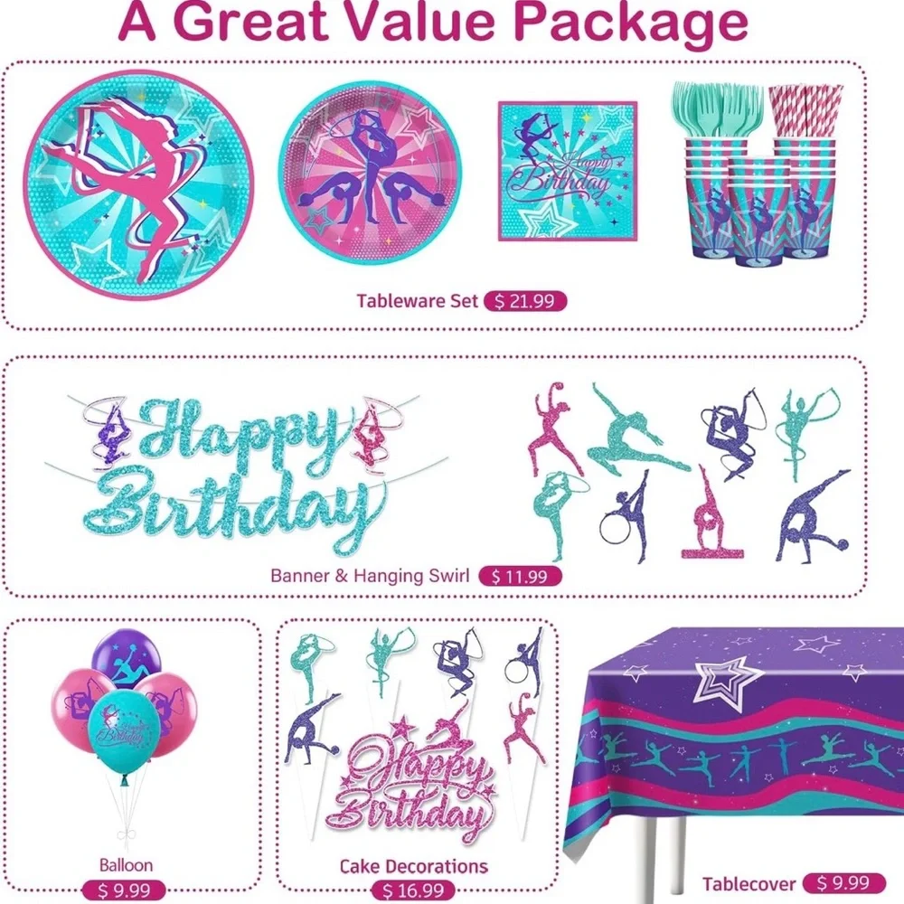 Gymnastics Birthday Party Supplies Set 20 Guests Pink Teal Decorations Kit